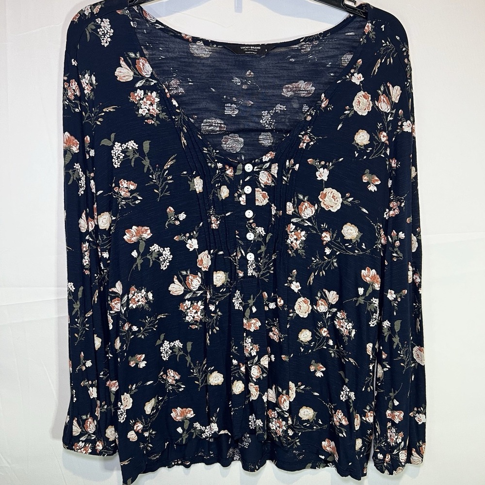 Lucky Brand Blouse Size M Ditsy Floral Blue Coquette Puff Sleeve Peplum Boho Med
